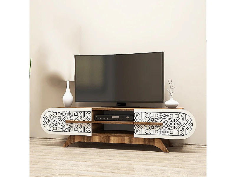 TV-meubel – 145 x 37 x 37 cm – Walnoot en crème – Melamine gecoate spaanplaat