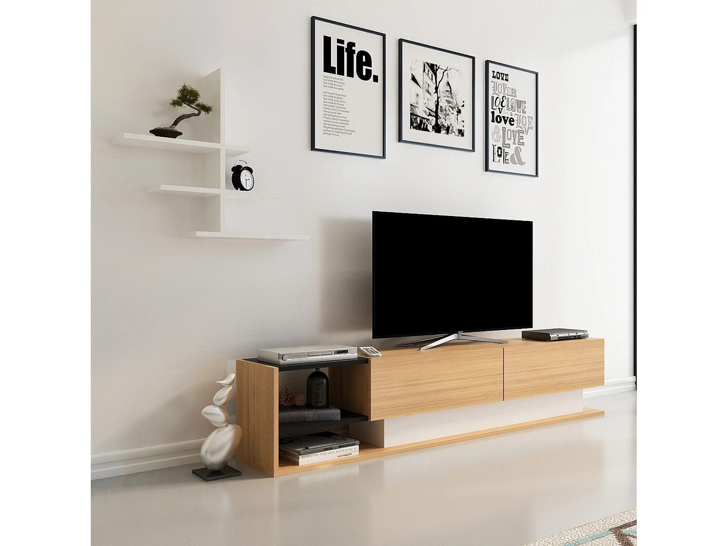 Meuble TV moderne – 180 x 40 x 30 cm – Blanc et teck – Panneaux de particules mélaminés