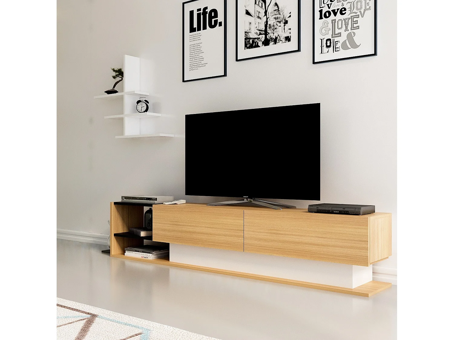 Meuble TV moderne – 180 x 40 x 30 cm – Blanc et teck – Panneaux de particules mélaminés
