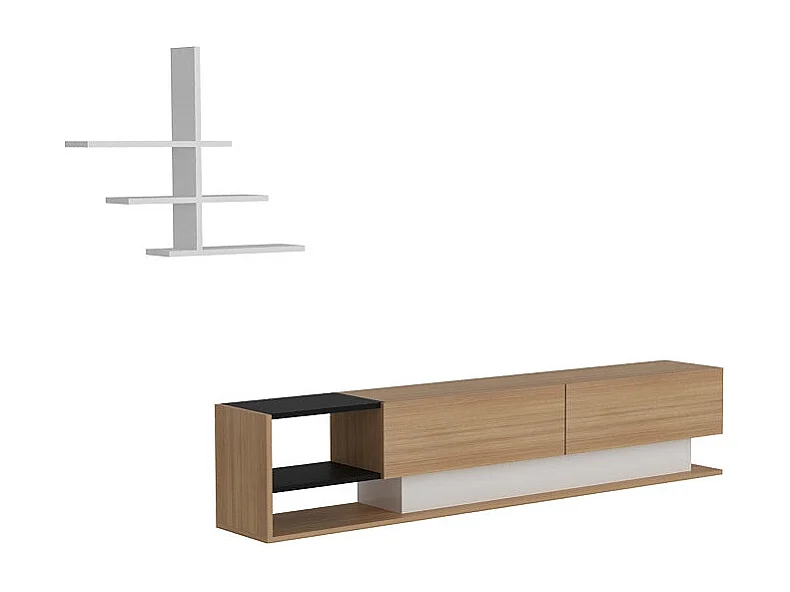 Meuble TV moderne – 180 x 40 x 30 cm – Blanc et teck – Panneaux de particules mélaminés