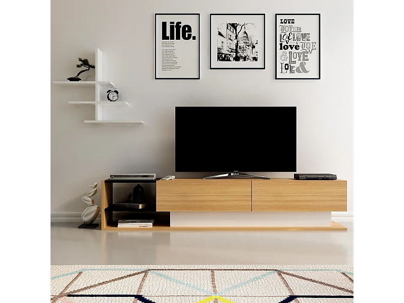Meuble TV moderne – 180 x 40 x 30 cm – Blanc et teck – Panneaux de particules mélaminés