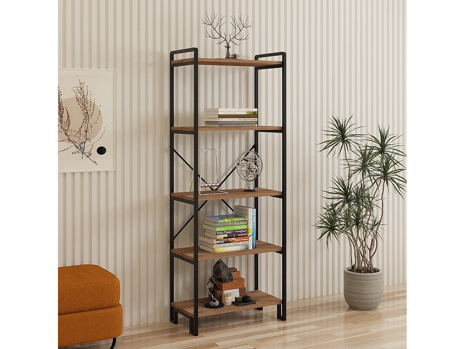 Plank van metaal en melamine gecoat spaanplaat – 156 x 30 x 60 cm – Atlantic Pine en Zwart