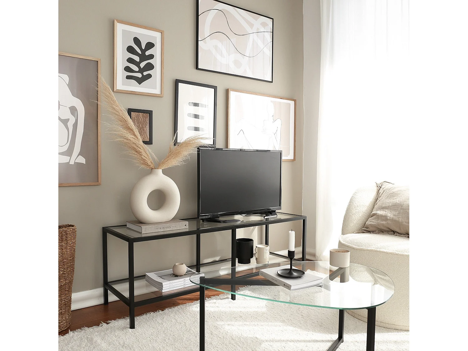 Meuble TV moderne 100 % verre trempé et structure en métal, noir mat, 130 x 45 x 40 cm | Fixation murale, plusieurs étagères, design industriel