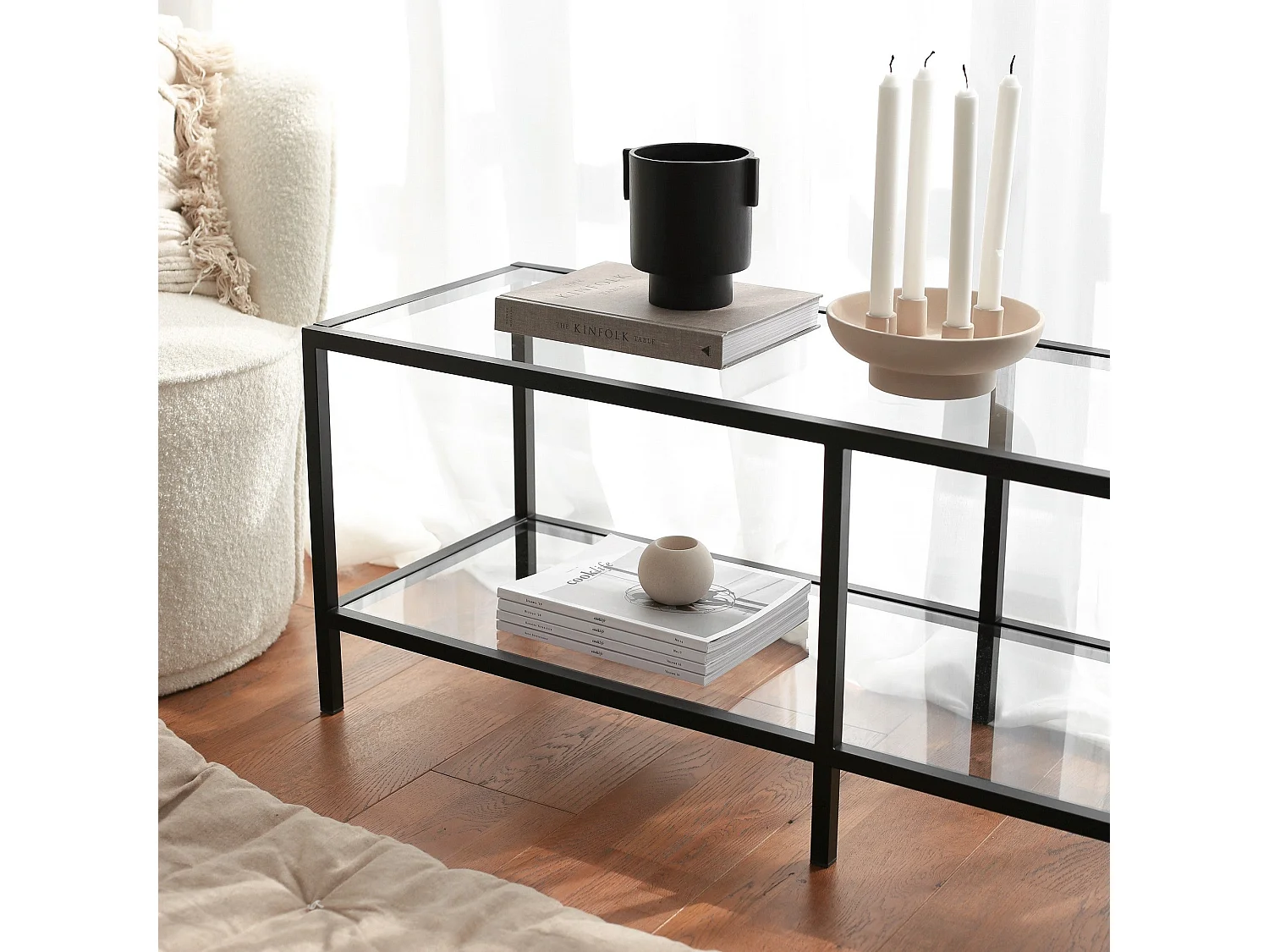 Meuble TV moderne 100 % verre trempé et structure en métal, noir mat, 130 x 45 x 40 cm | Fixation murale, plusieurs étagères, design industriel