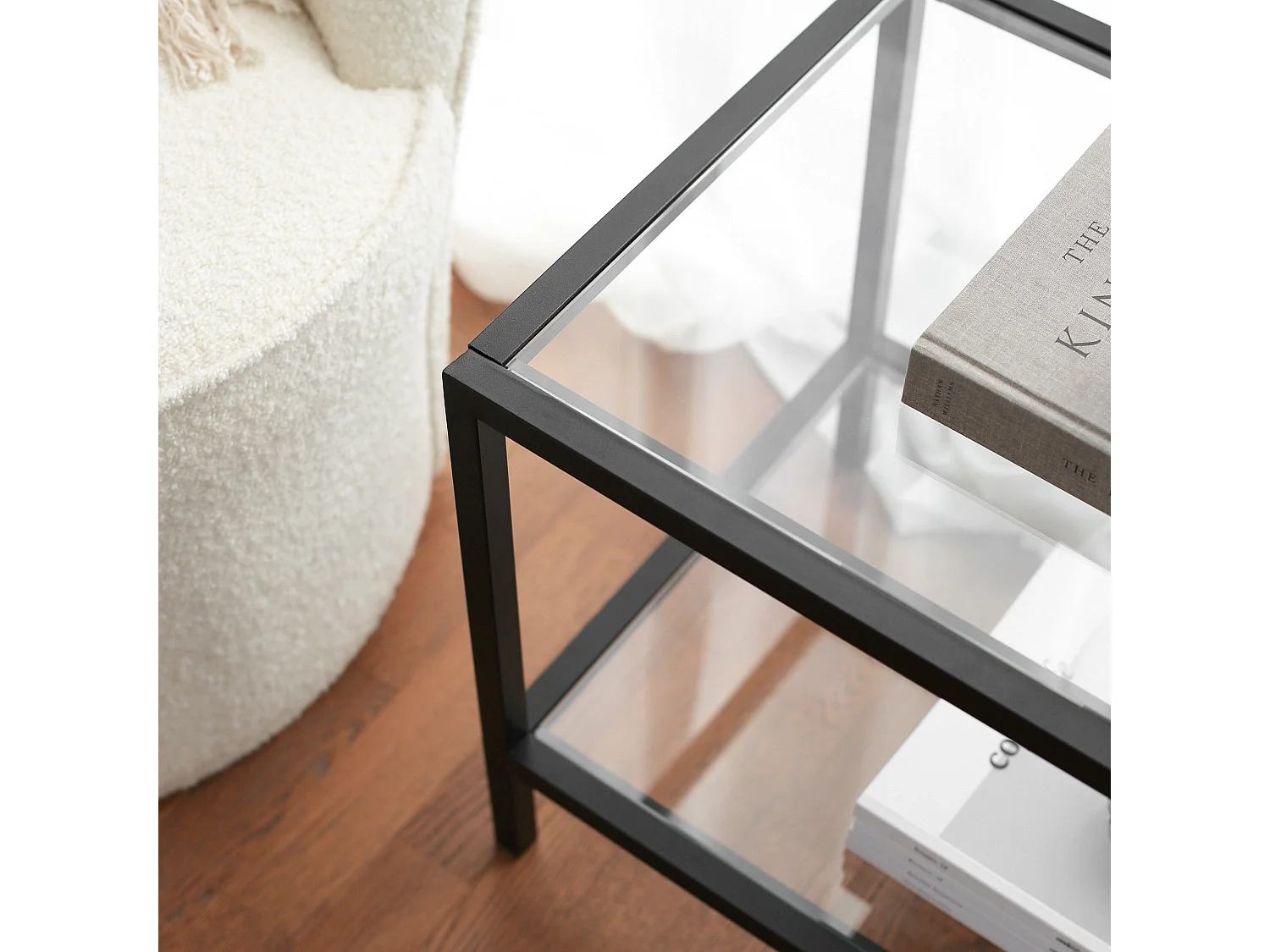 Meuble TV moderne 100 % verre trempé et structure en métal, noir mat, 130 x 45 x 40 cm | Fixation murale, plusieurs étagères, design industriel