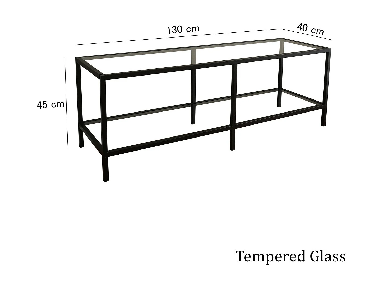 Meuble TV moderne 100 % verre trempé et structure en métal, noir mat, 130 x 45 x 40 cm | Fixation murale, plusieurs étagères, design industriel