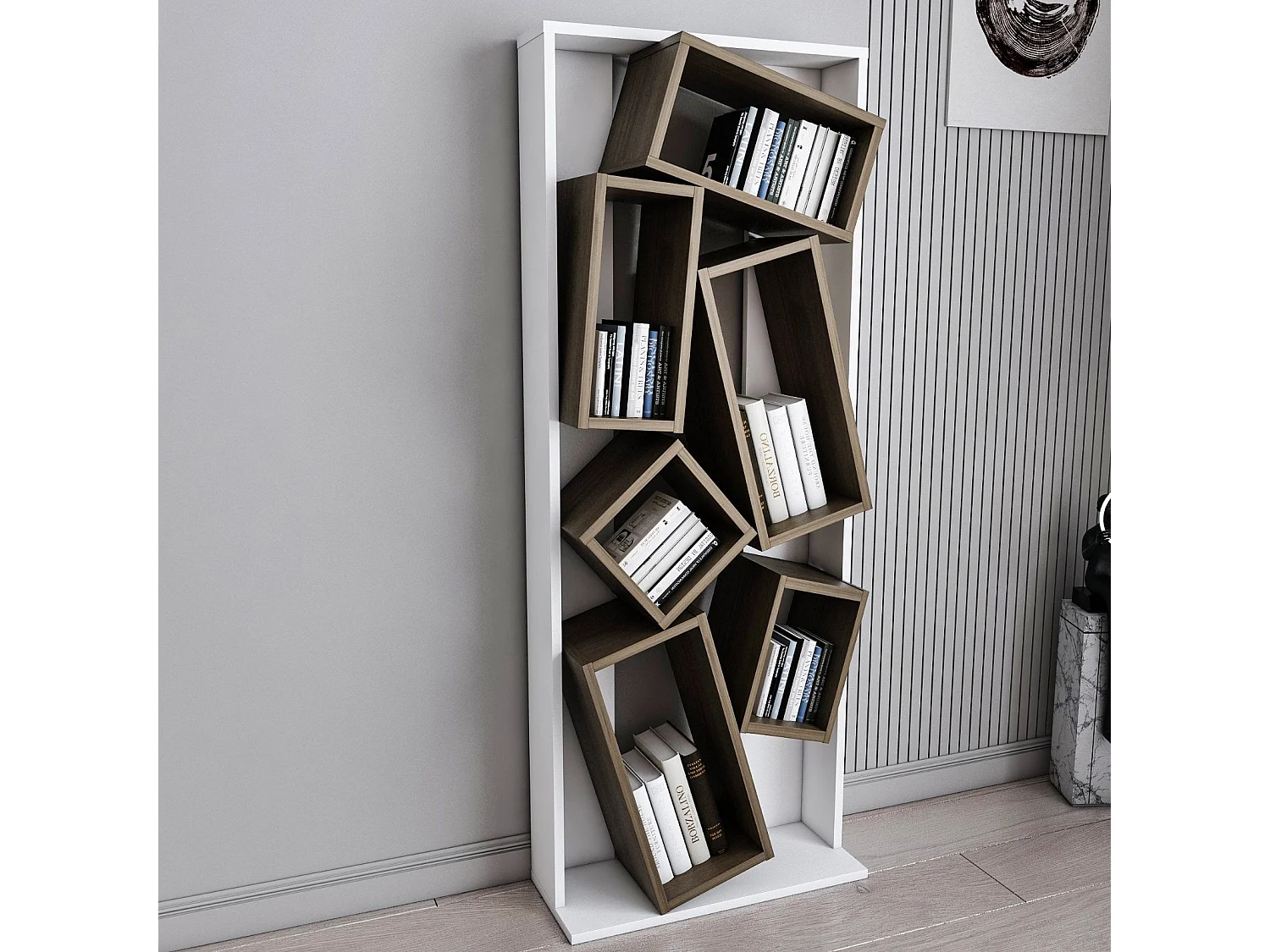 Strakke witte en notenhouten boekenkast, 63 x 153,6 x 24 cm | 100% melamine spaanplaat, 18 mm dik | Stijlvolle opbergruimte voor thuis en op