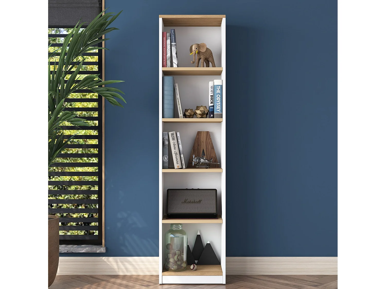 Estantería – 40 x 161,8 x 25 cm – Blanco y Nogal – Tablero de partículas recubierto de melamina