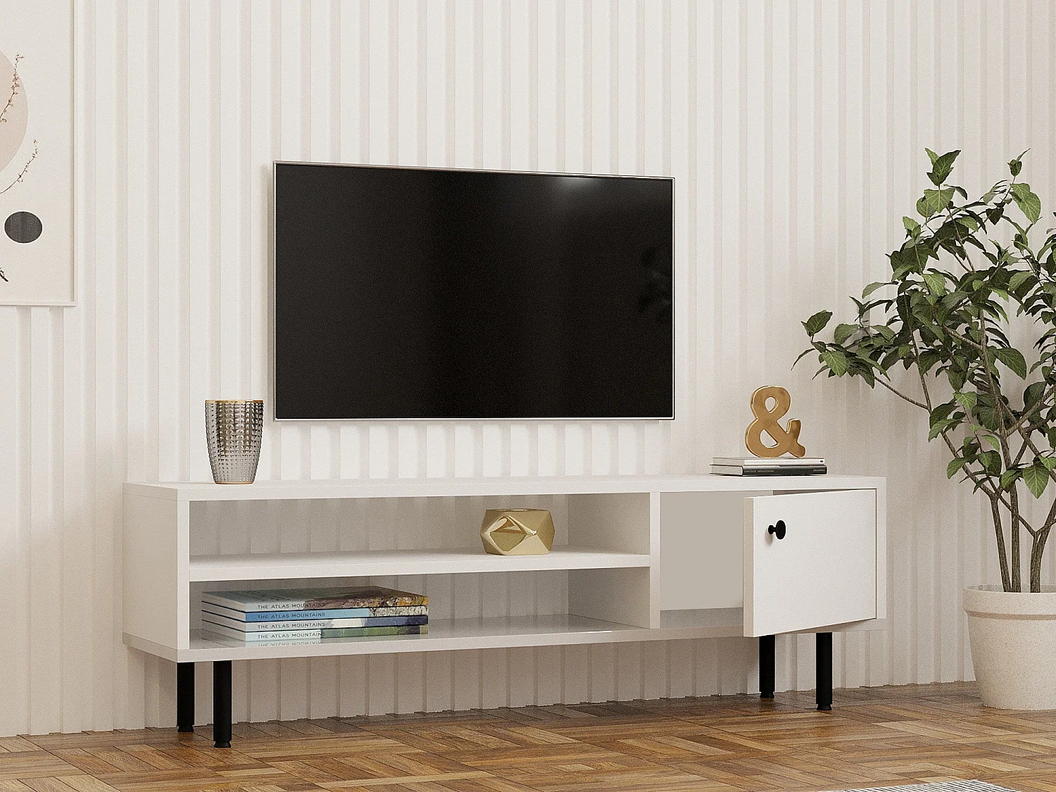 Meuble TV – 120 cm x 38 cm x 30 cm – Blanc – Panneau de particules mélaminé