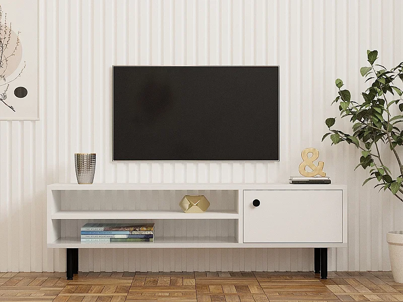 Meuble TV – 120 cm x 38 cm x 30 cm – Blanc – Panneau de particules mélaminé