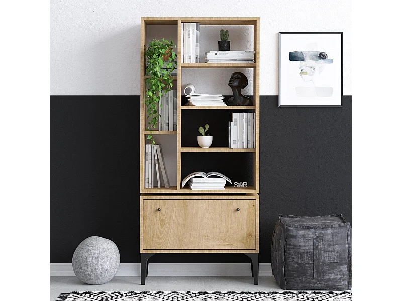 Półka – 65 cm szer. x 160 cm wys. x 30 cm gł. – Dąb i czerń – Płyta wiórowa pokryta melaminą