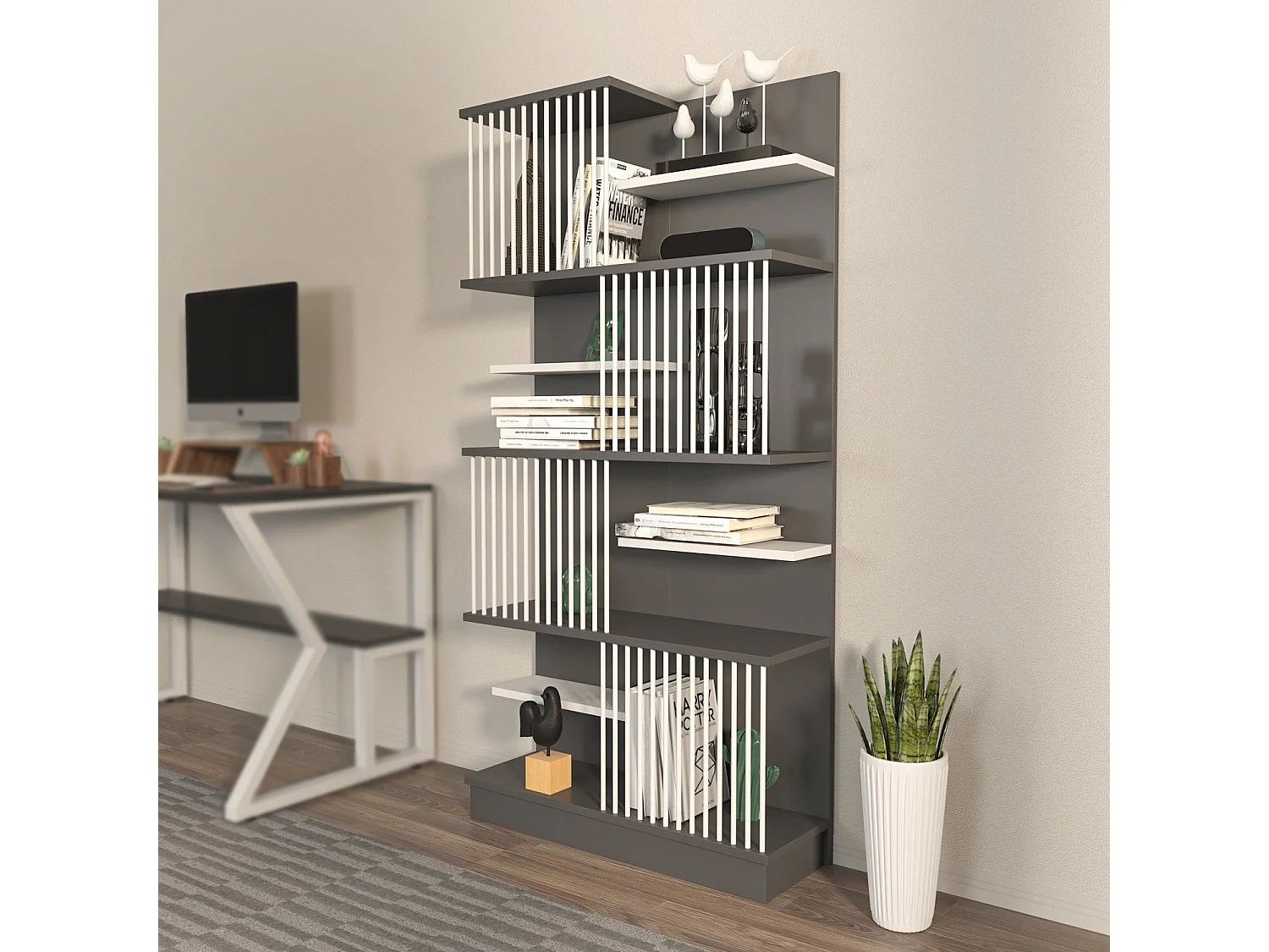 Estante elegante em antracite e branco, 80 cm x 160 cm x 24,6 cm | Painel de partículas 100% revestido em melamina, 18 mm de espessura | Per