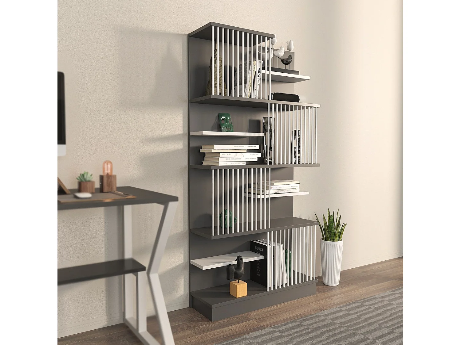 Estante elegante em antracite e branco, 80 cm x 160 cm x 24,6 cm | Painel de partículas 100% revestido em melamina, 18 mm de espessura | Per