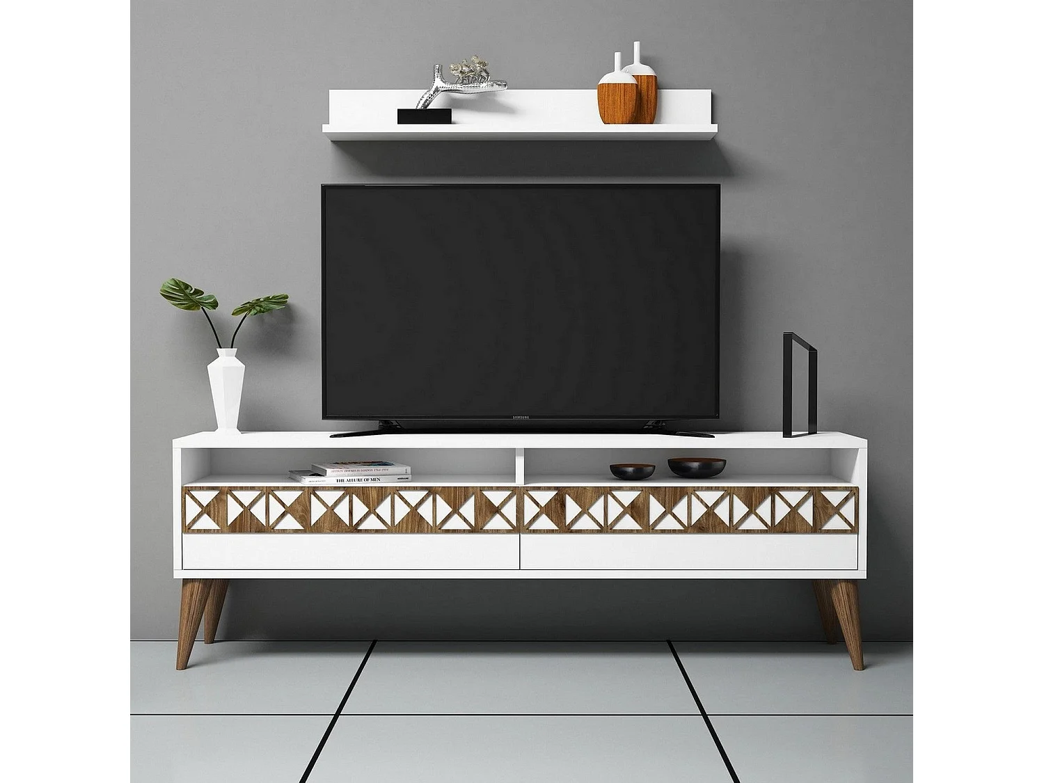Meuble TV moderne – 150 cm x 50 cm x 30 cm – Blanc – Panneau de particules mélaminé