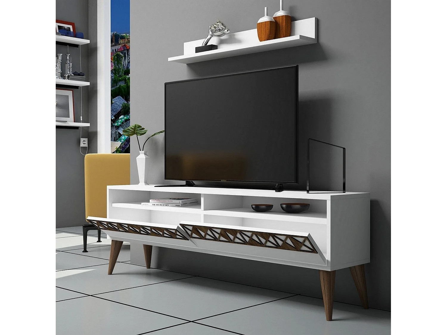 Meuble TV moderne – 150 cm x 50 cm x 30 cm – Blanc – Panneau de particules mélaminé
