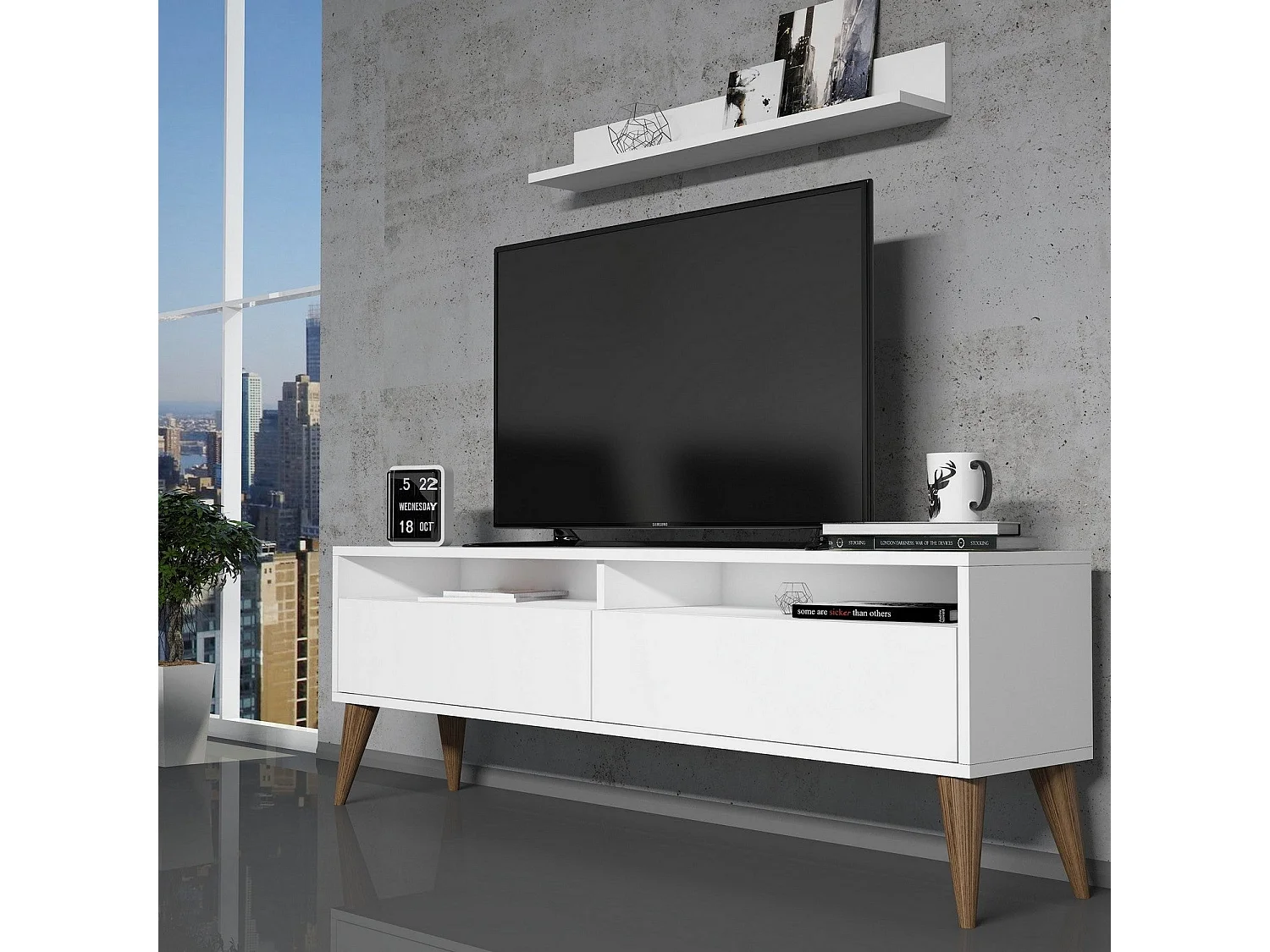Meuble TV moderne – 150 cm x 50 cm x 30 cm – Blanc – Panneau de particules mélaminé