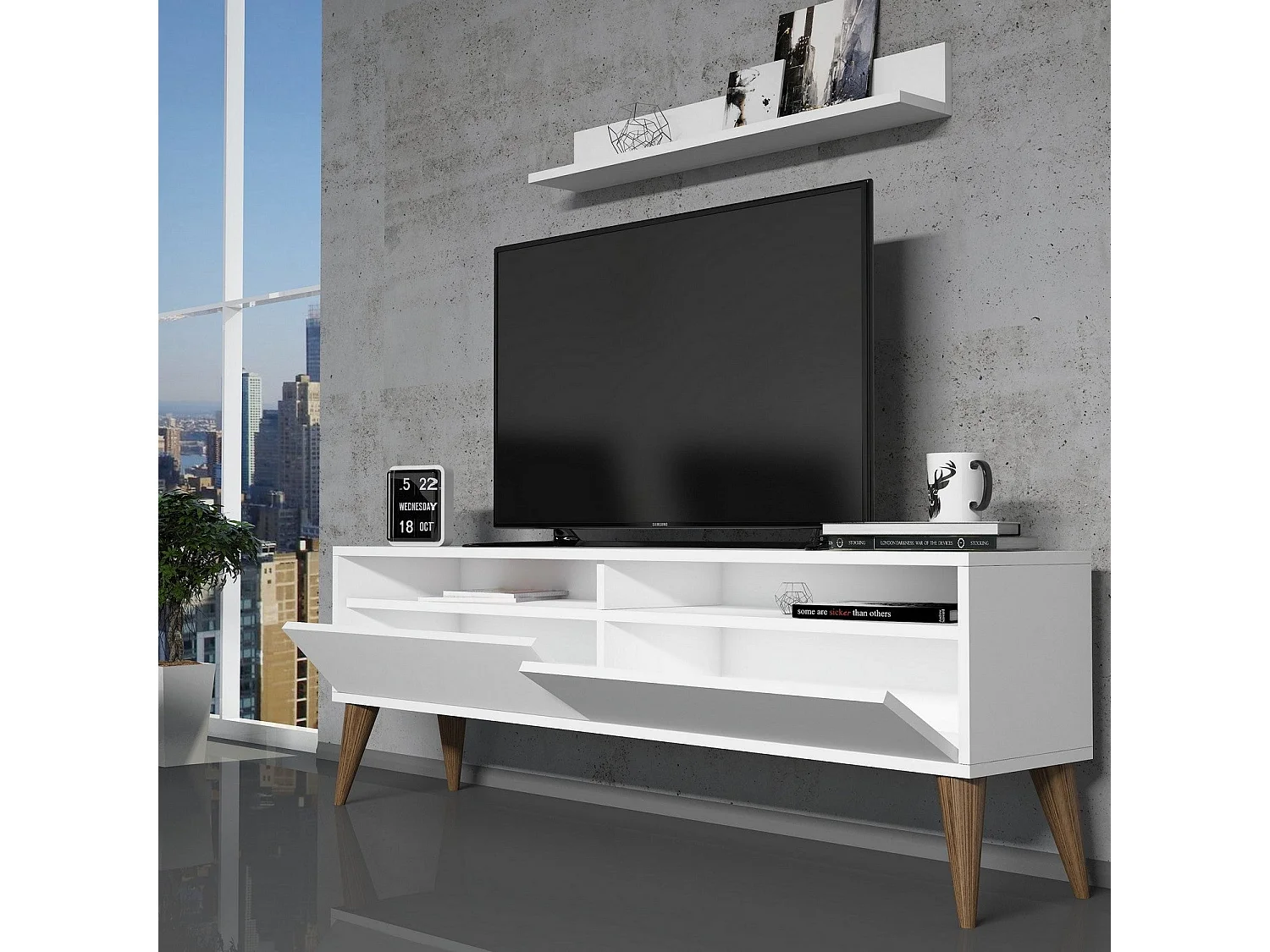 Meuble TV moderne – 150 cm x 50 cm x 30 cm – Blanc – Panneau de particules mélaminé
