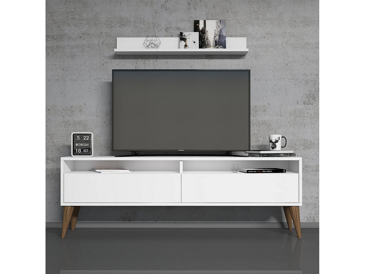 Meuble TV moderne – 150 cm x 50 cm x 30 cm – Blanc – Panneau de particules mélaminé