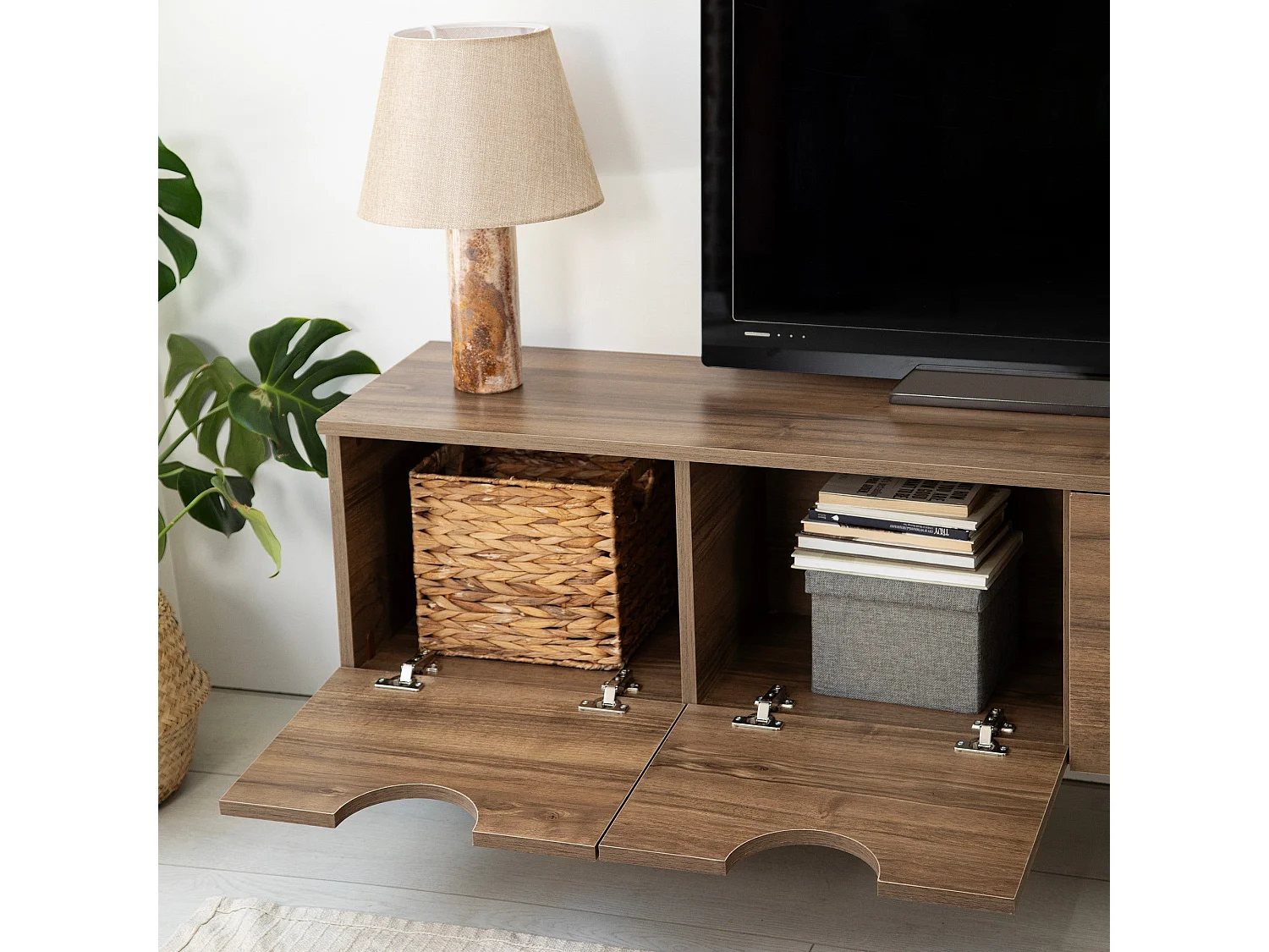 Meuble TV élégant en noyer, 180 cm x 35 cm x 35 cm | Panneau de particules 100 % mélaminé, épaisseur 18 mm | Chants en PVC résistants, montage facile