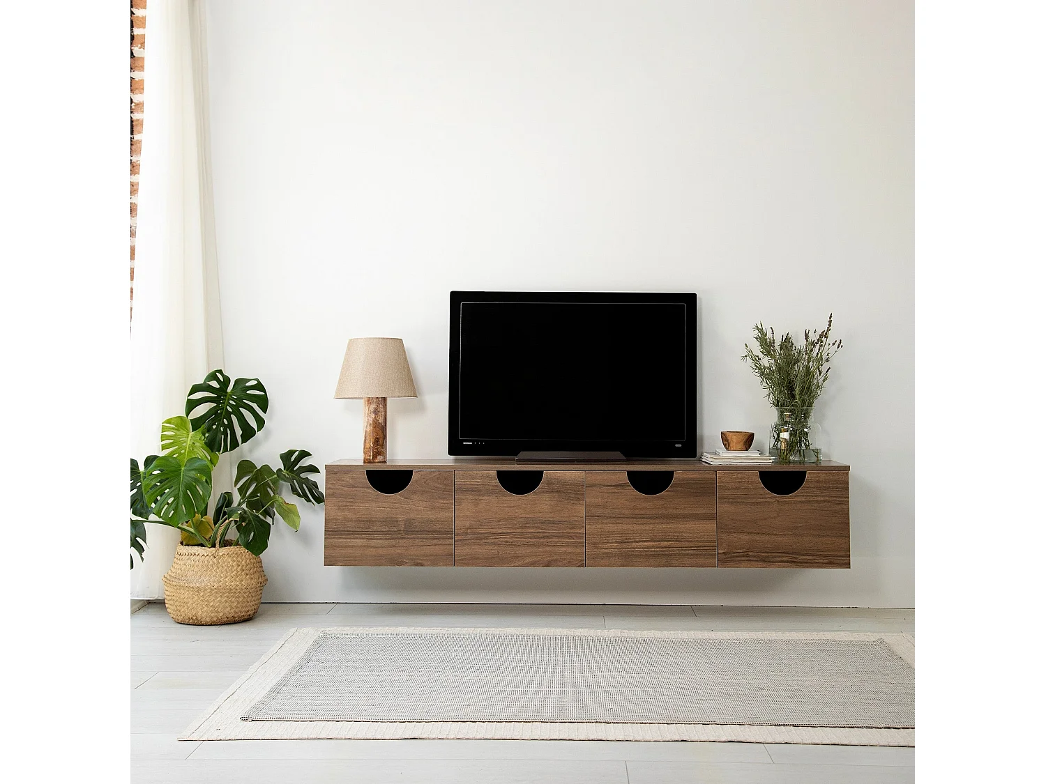 Meuble TV élégant en noyer, 180 cm x 35 cm x 35 cm | Panneau de particules 100 % mélaminé, épaisseur 18 mm | Chants en PVC résistants, montage facile
