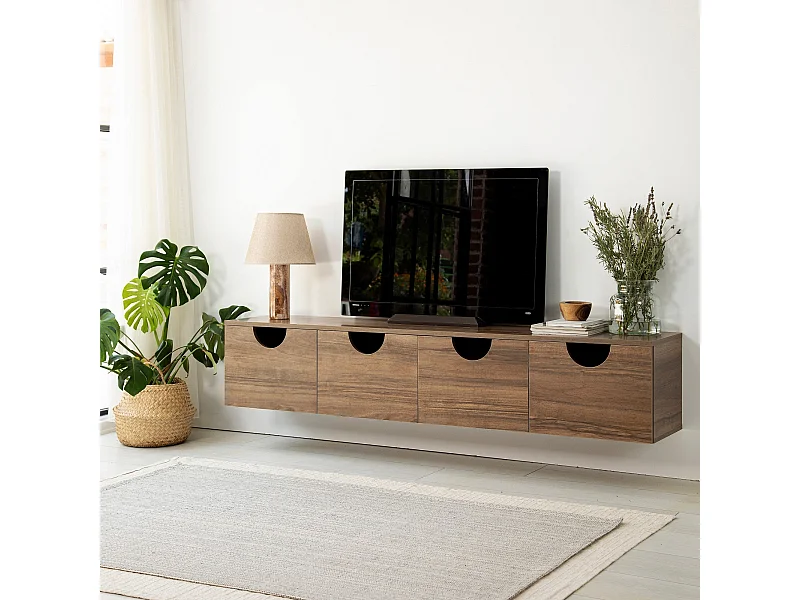 Meuble TV élégant en noyer, 180 cm x 35 cm x 35 cm | Panneau de particules 100 % mélaminé, épaisseur 18 mm | Chants en PVC résistants, montage facile