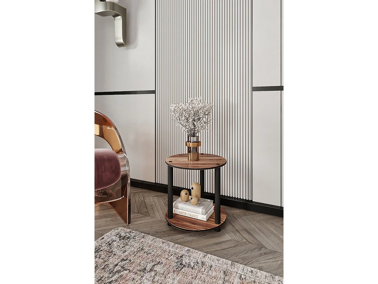 Rundes Regal mit zwei Ebenen aus Walnussholz – Hochwertiges modernes Design