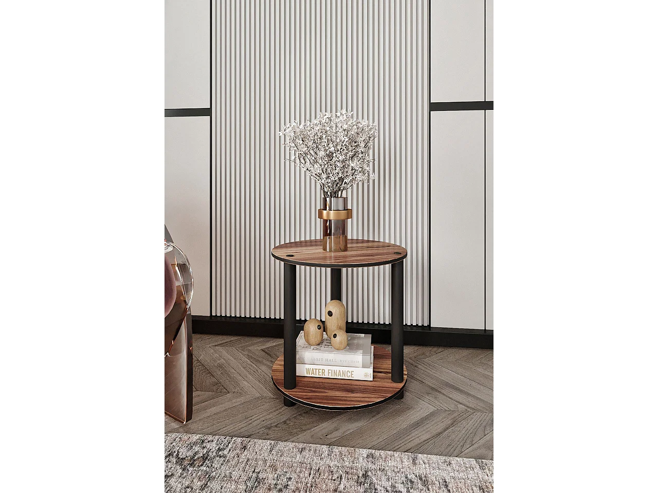 Rundes Regal mit zwei Ebenen aus Walnussholz – Hochwertiges modernes Design