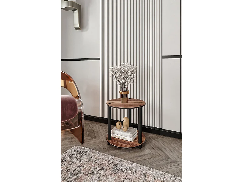 Rundes Regal mit zwei Ebenen aus Walnussholz – Hochwertiges modernes Design