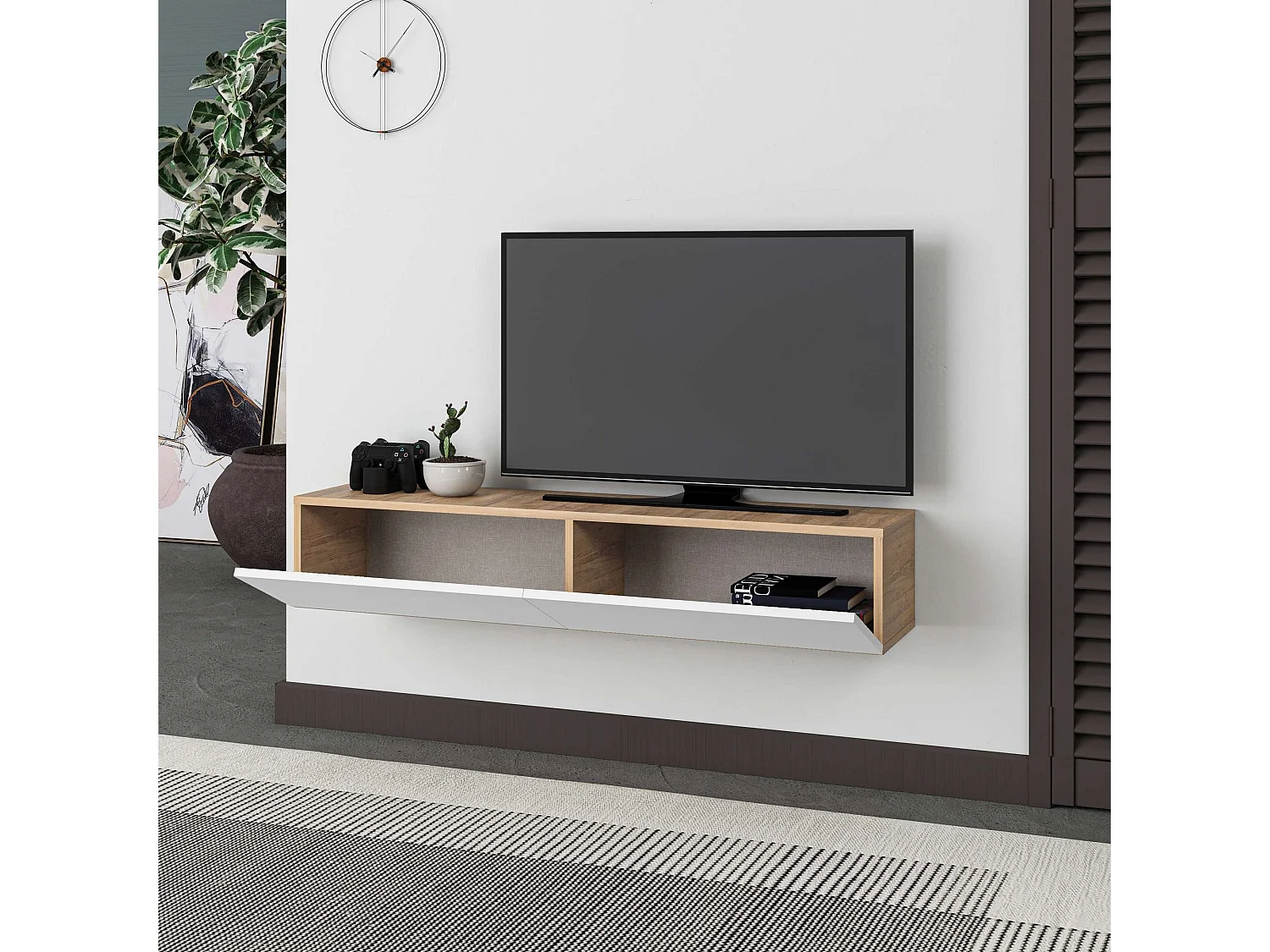 TV-meubel – 135 cm x 25 cm x 31,7 cm – Saffier Eiken en Wit – Melamine Gecoat Spaanplaat