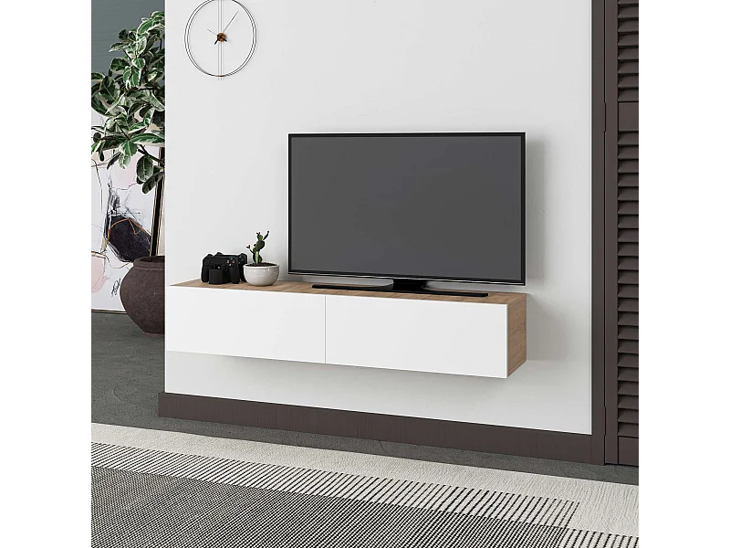 TV-meubel – 135 cm x 25 cm x 31,7 cm – Saffier Eiken en Wit – Melamine Gecoat Spaanplaat
