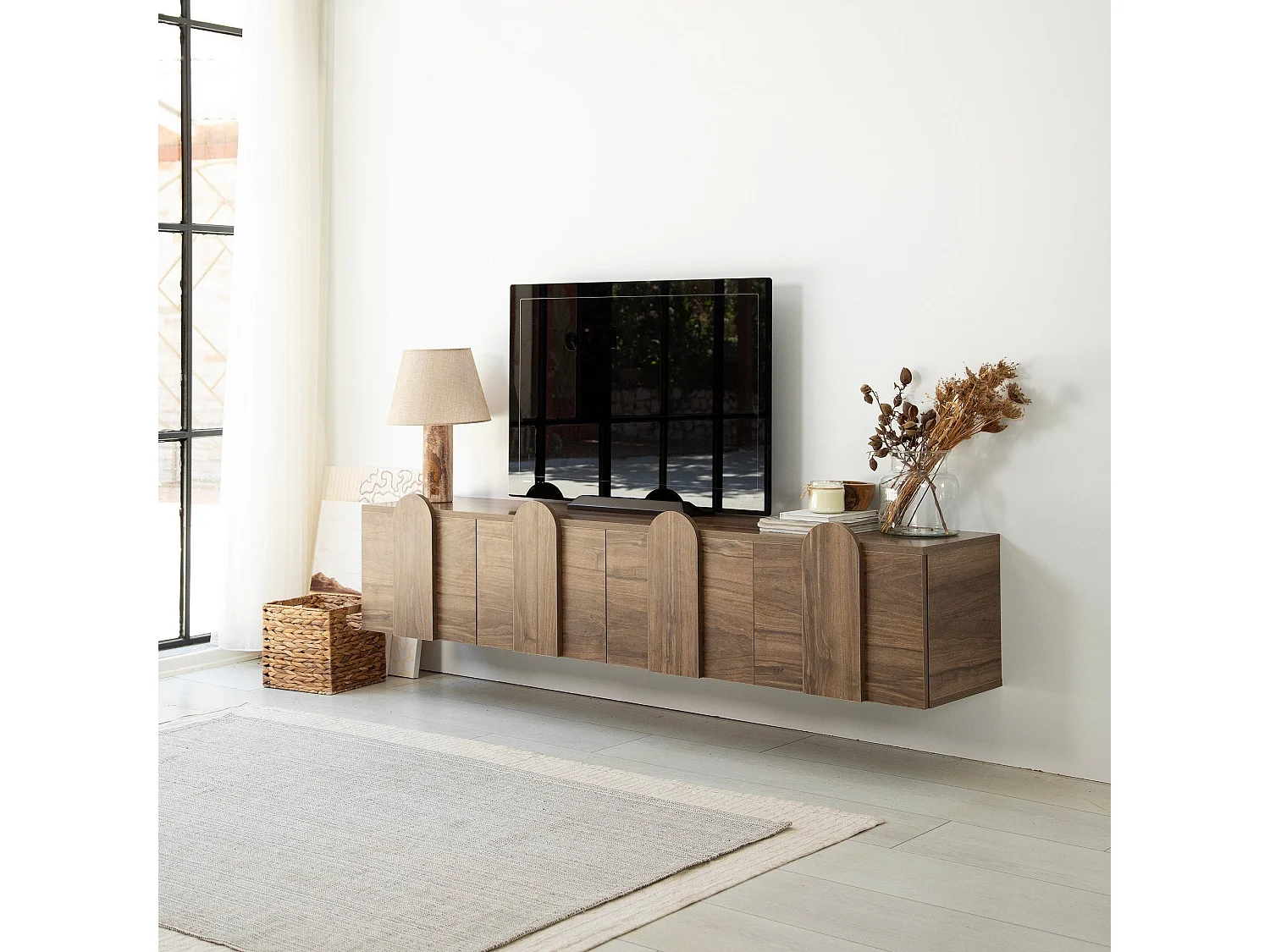 Meuble TV élégant en noyer, 180 cm x 35 cm x 35 cm | Panneau de particules 100 % mélaminé, épaisseur 18 mm | Chants en PVC résistants, montage facile