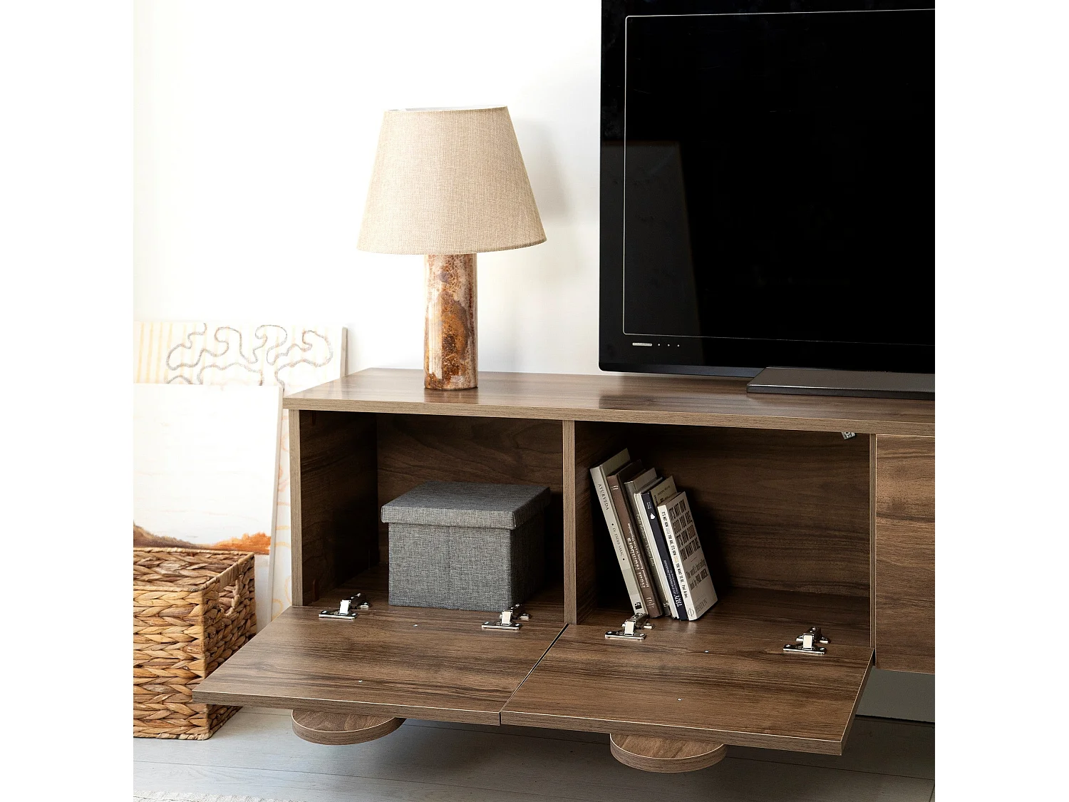 Meuble TV élégant en noyer, 180 cm x 35 cm x 35 cm | Panneau de particules 100 % mélaminé, épaisseur 18 mm | Chants en PVC résistants, montage facile