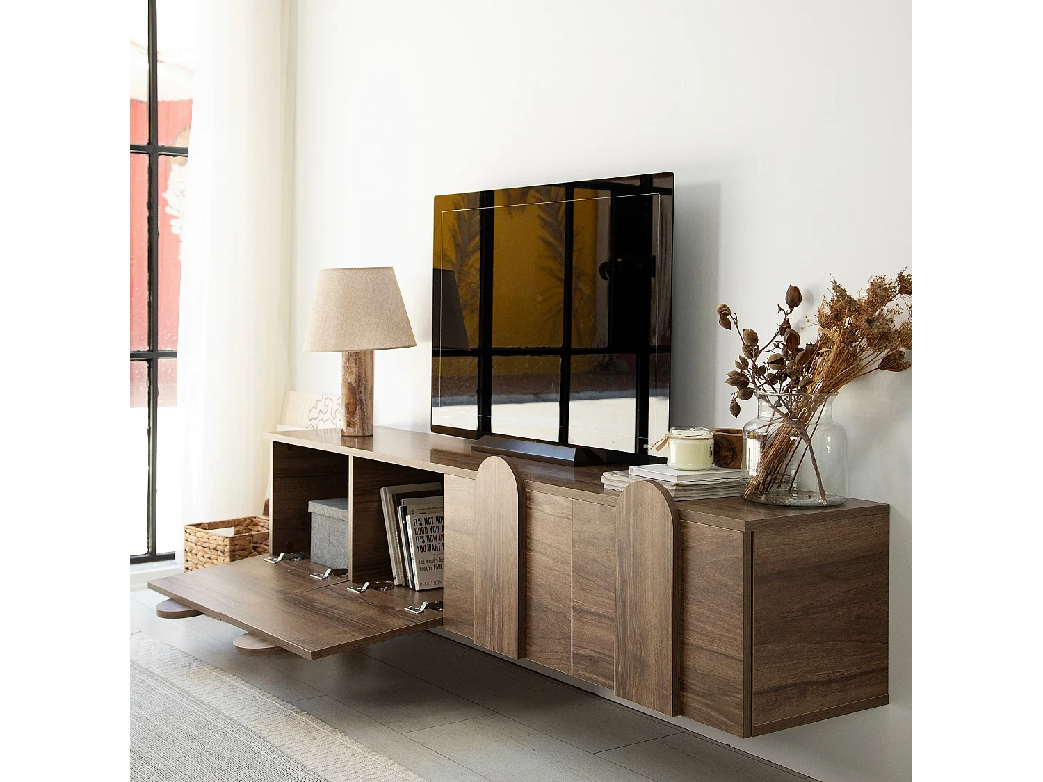 Meuble TV élégant en noyer, 180 cm x 35 cm x 35 cm | Panneau de particules 100 % mélaminé, épaisseur 18 mm | Chants en PVC résistants, montage facile