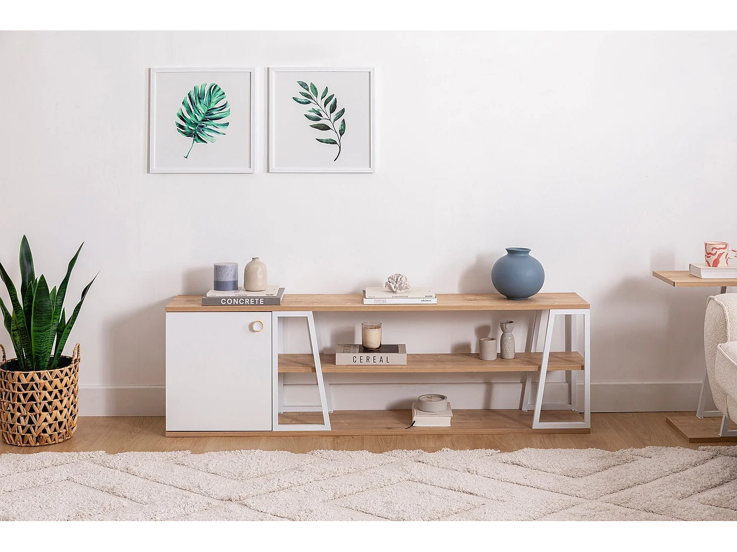 Meuble TV – 160 cm x 30 cm x 48,6 cm – Saphir et Blanc – Panneau de particules et Métal