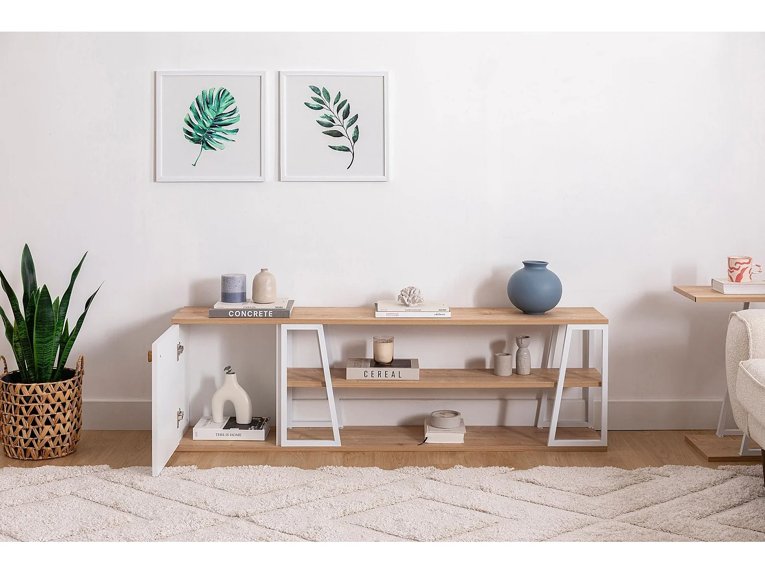 Meuble TV – 160 cm x 30 cm x 48,6 cm – Saphir et Blanc – Panneau de particules et Métal