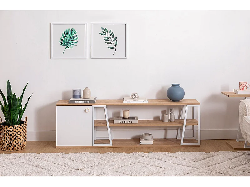 Meuble TV – 160 cm x 30 cm x 48,6 cm – Saphir et Blanc – Panneau de particules et Métal