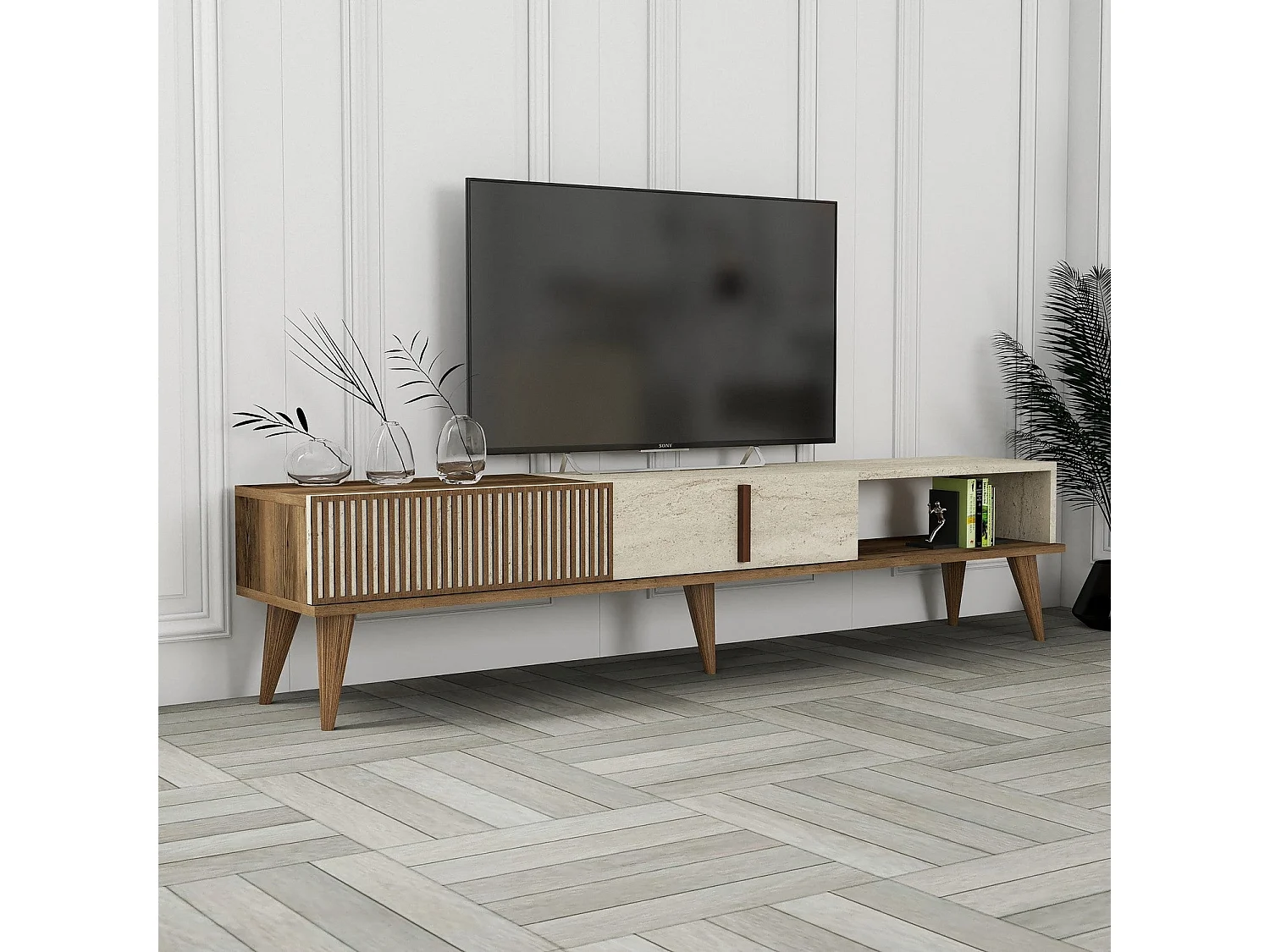 TV-meubel – 180 cm – Notenhout en travertijn – Melamine