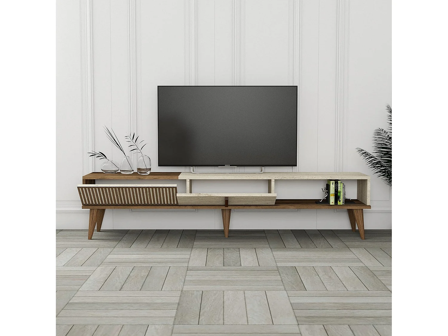 TV-meubel – 180 cm – Notenhout en travertijn – Melamine