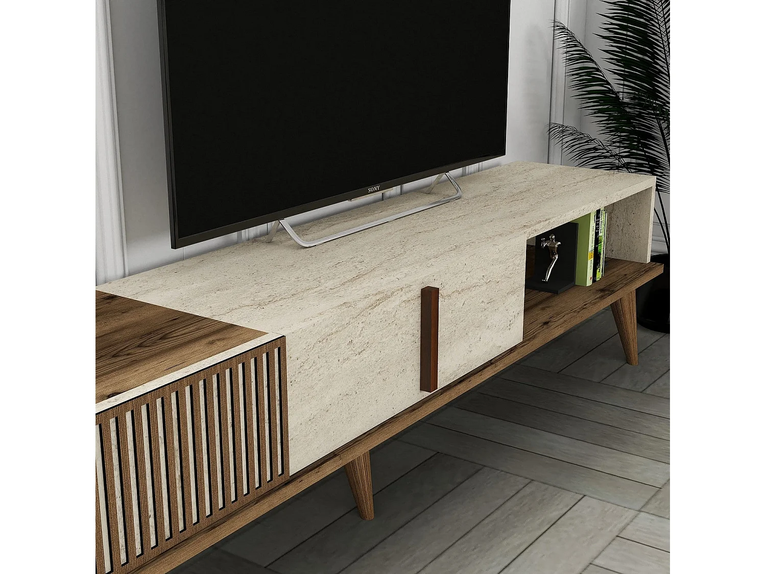TV-meubel – 180 cm – Notenhout en travertijn – Melamine