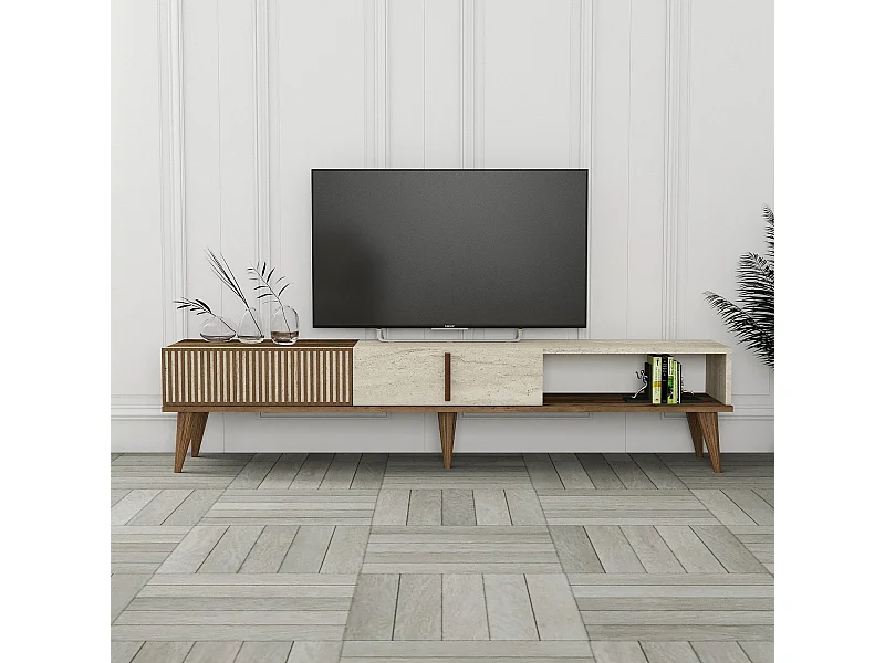 TV-meubel – 180 cm – Notenhout en travertijn – Melamine