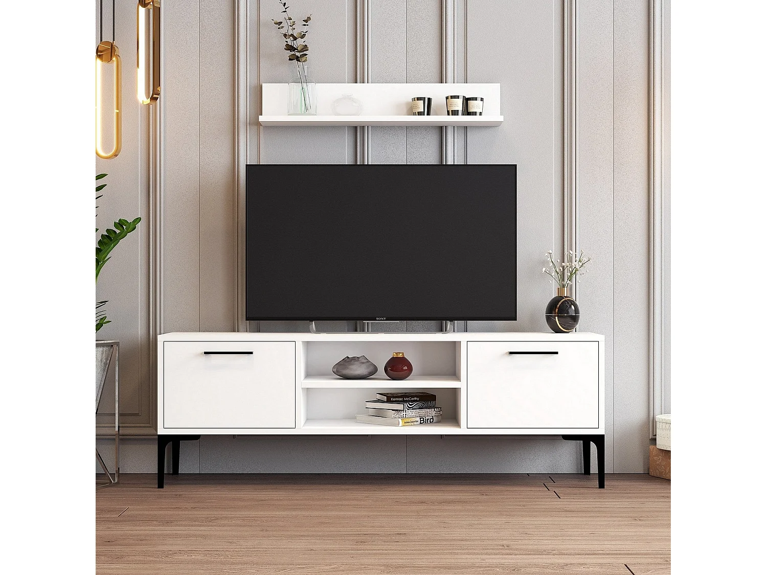 Meuble TV – 140 cm – Blanc – Mélamine