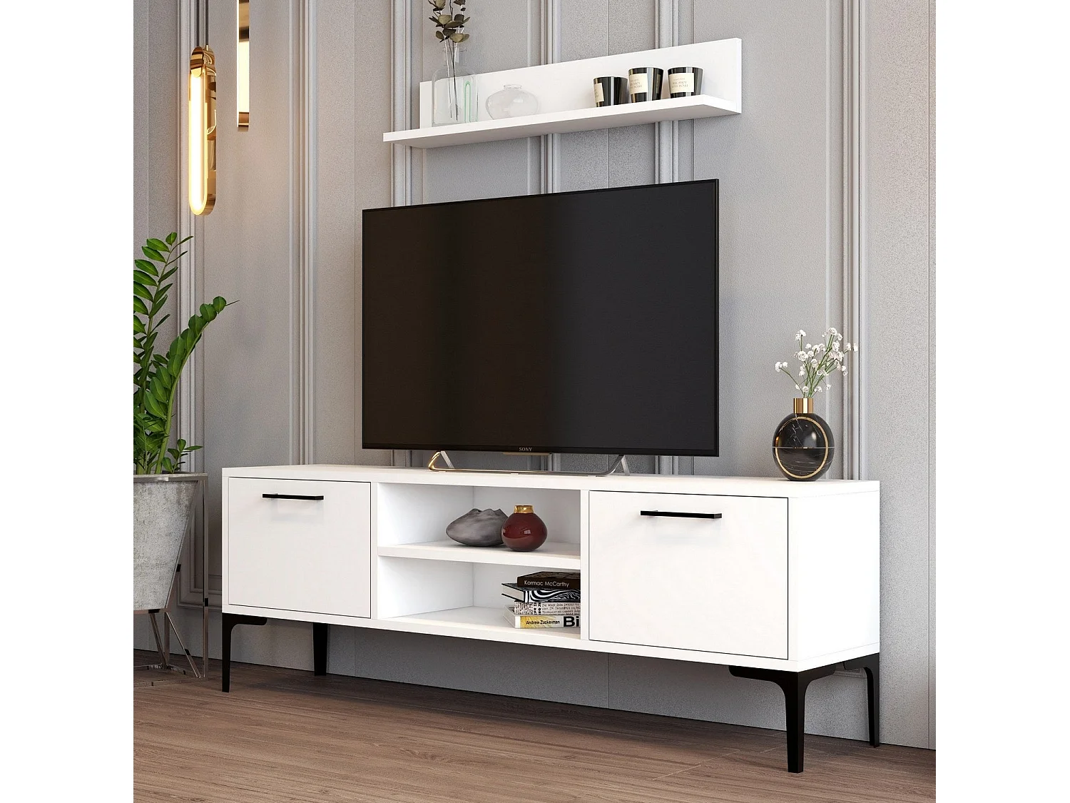 Meuble TV – 140 cm – Blanc – Mélamine
