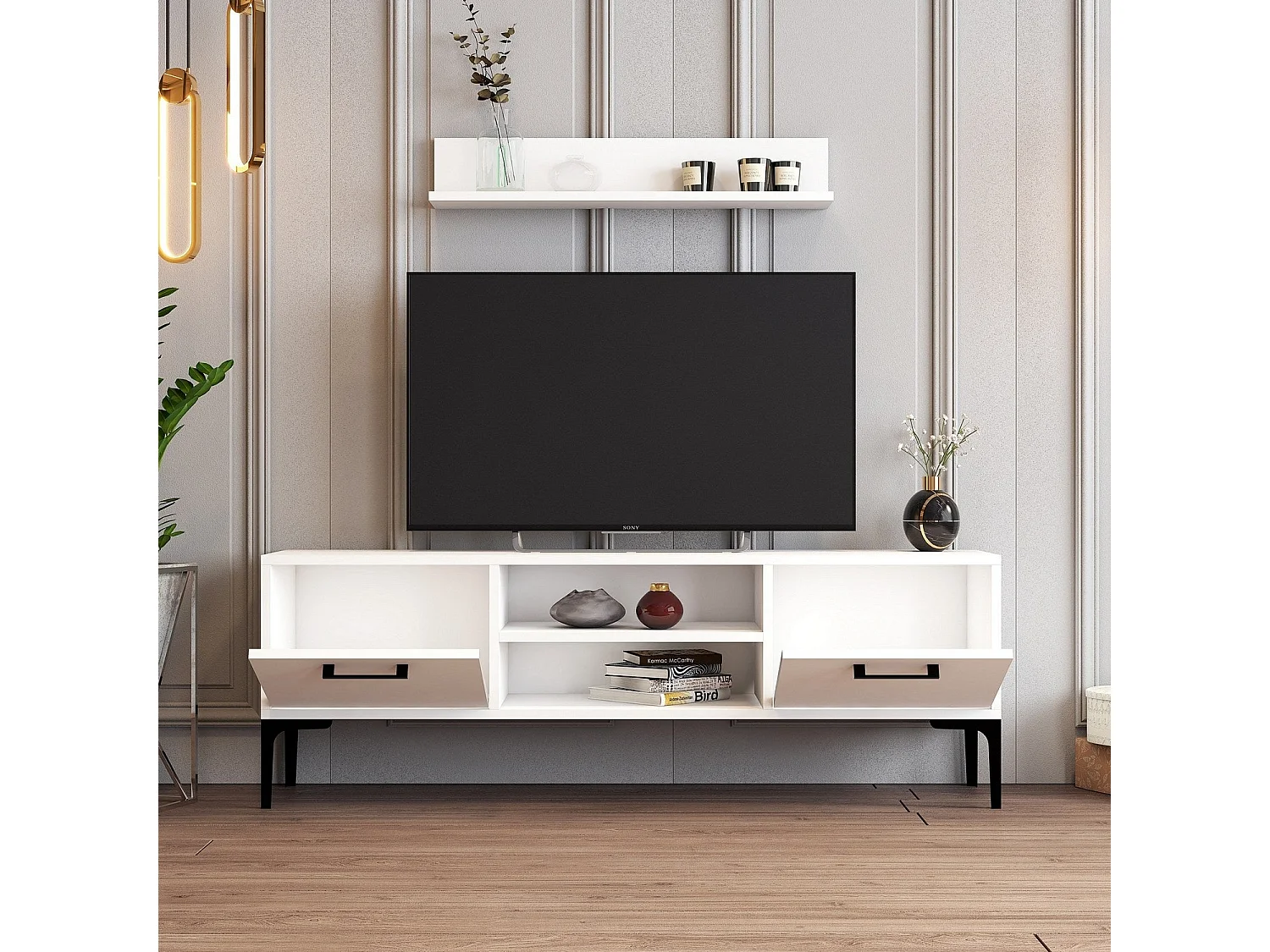 Meuble TV – 140 cm – Blanc – Mélamine
