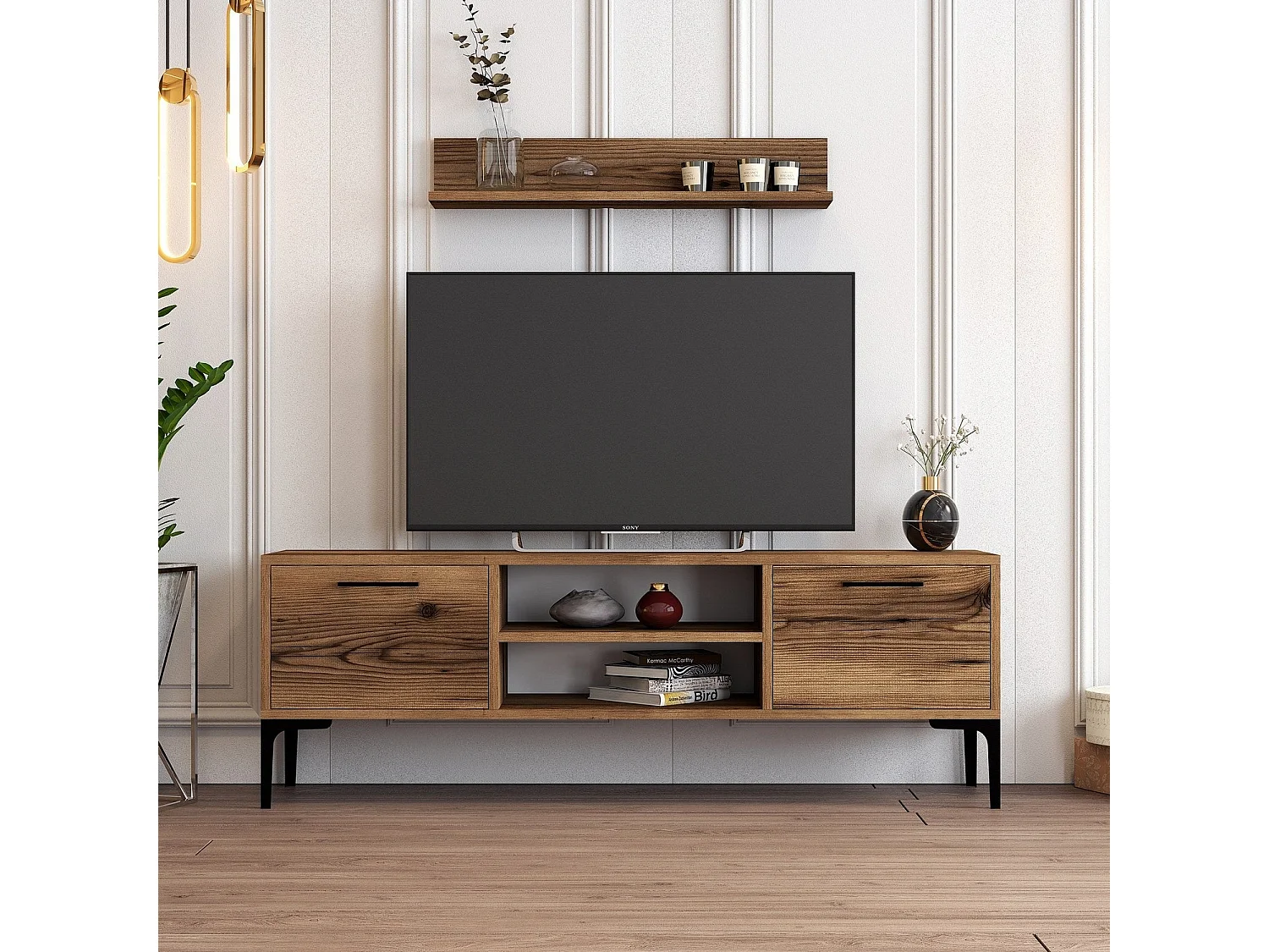 Tv-meubel van walnoot met metalen poten – 140 cm breed – 18 mm dik – melamine gecoate spaanplaat