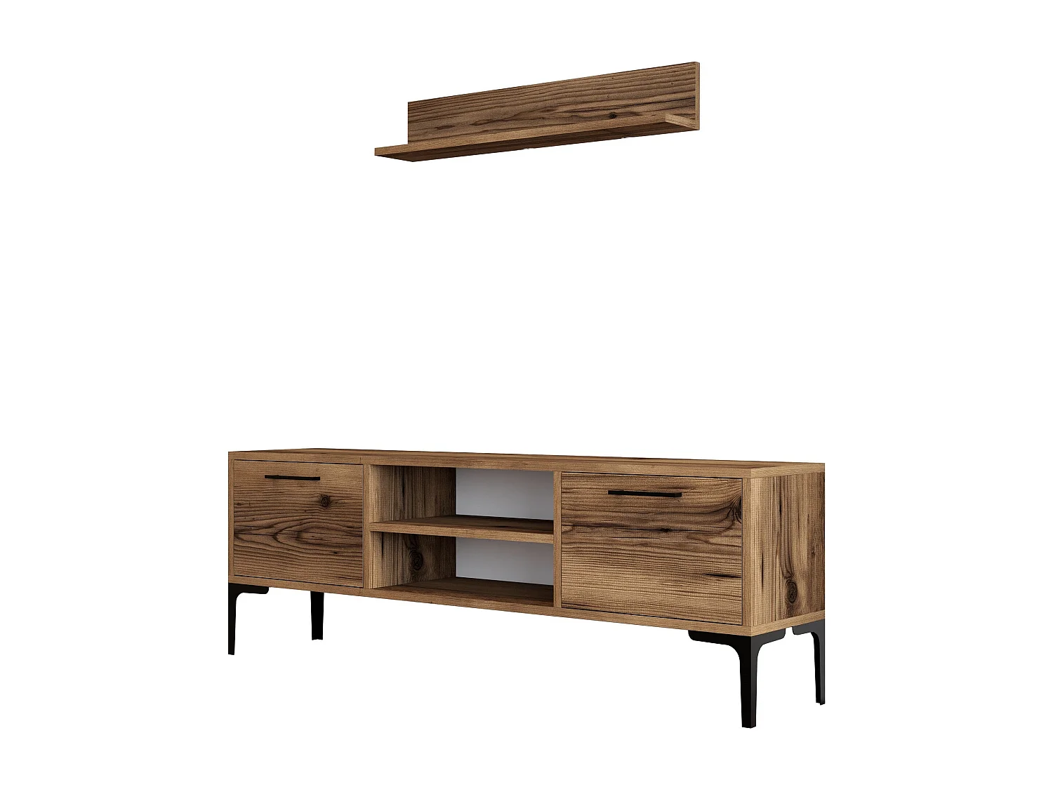 Tv-meubel van walnoot met metalen poten – 140 cm breed – 18 mm dik – melamine gecoate spaanplaat