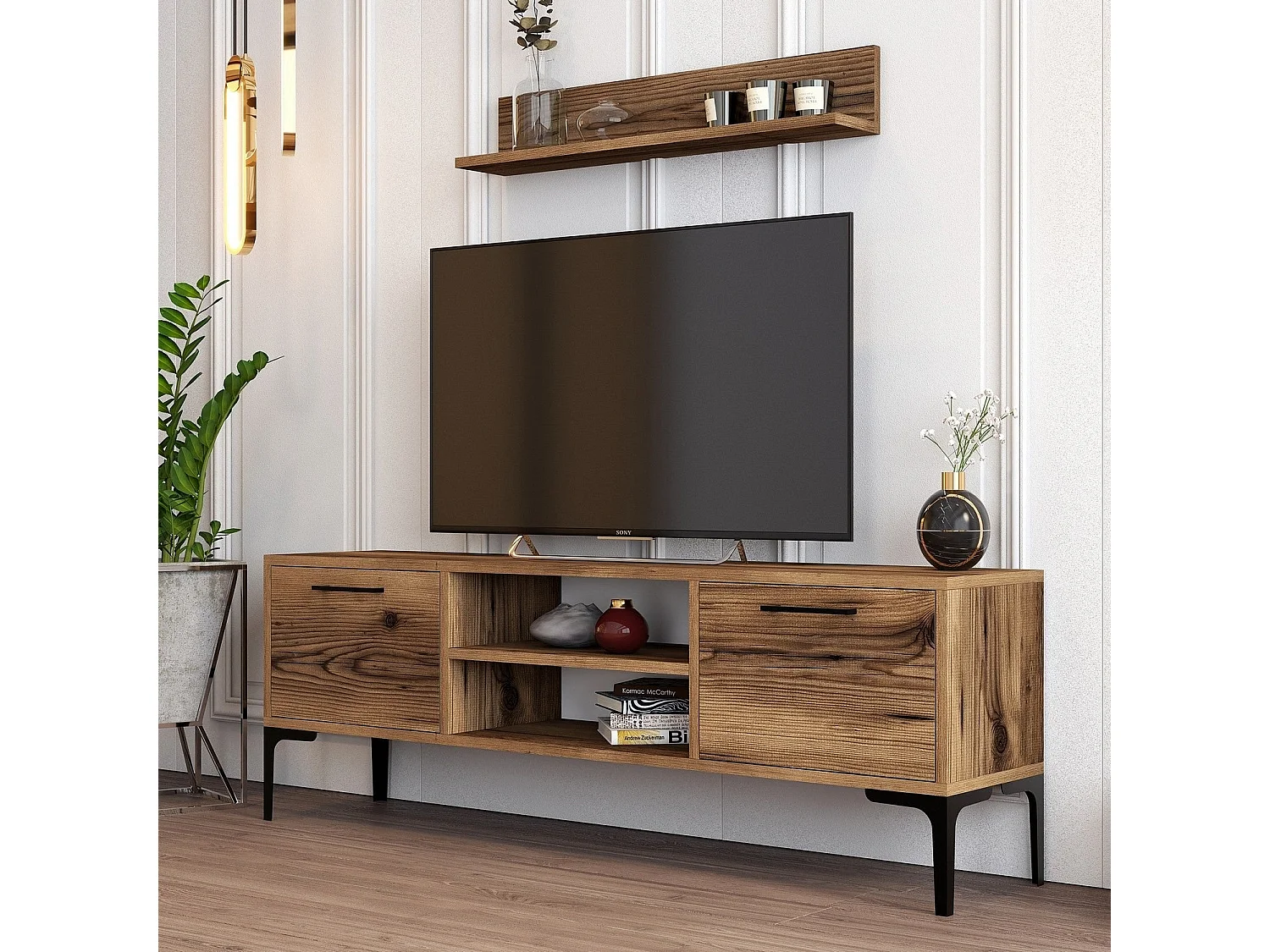 Tv-meubel van walnoot met metalen poten – 140 cm breed – 18 mm dik – melamine gecoate spaanplaat