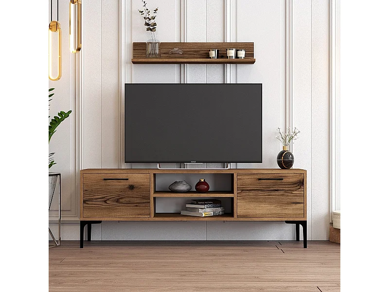 Tv-meubel van walnoot met metalen poten – 140 cm breed – 18 mm dik – melamine gecoate spaanplaat