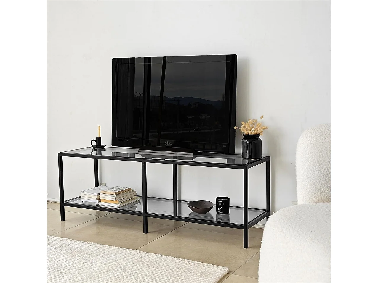 Stilvoller TV-Ständer, 130 cm, Dunkelgrau und Schwarz | 100 % gehärtetes Glas und Metallrahmen | Zerlegt für einfache Montage | Perfekt für moderne Wohnzimmer