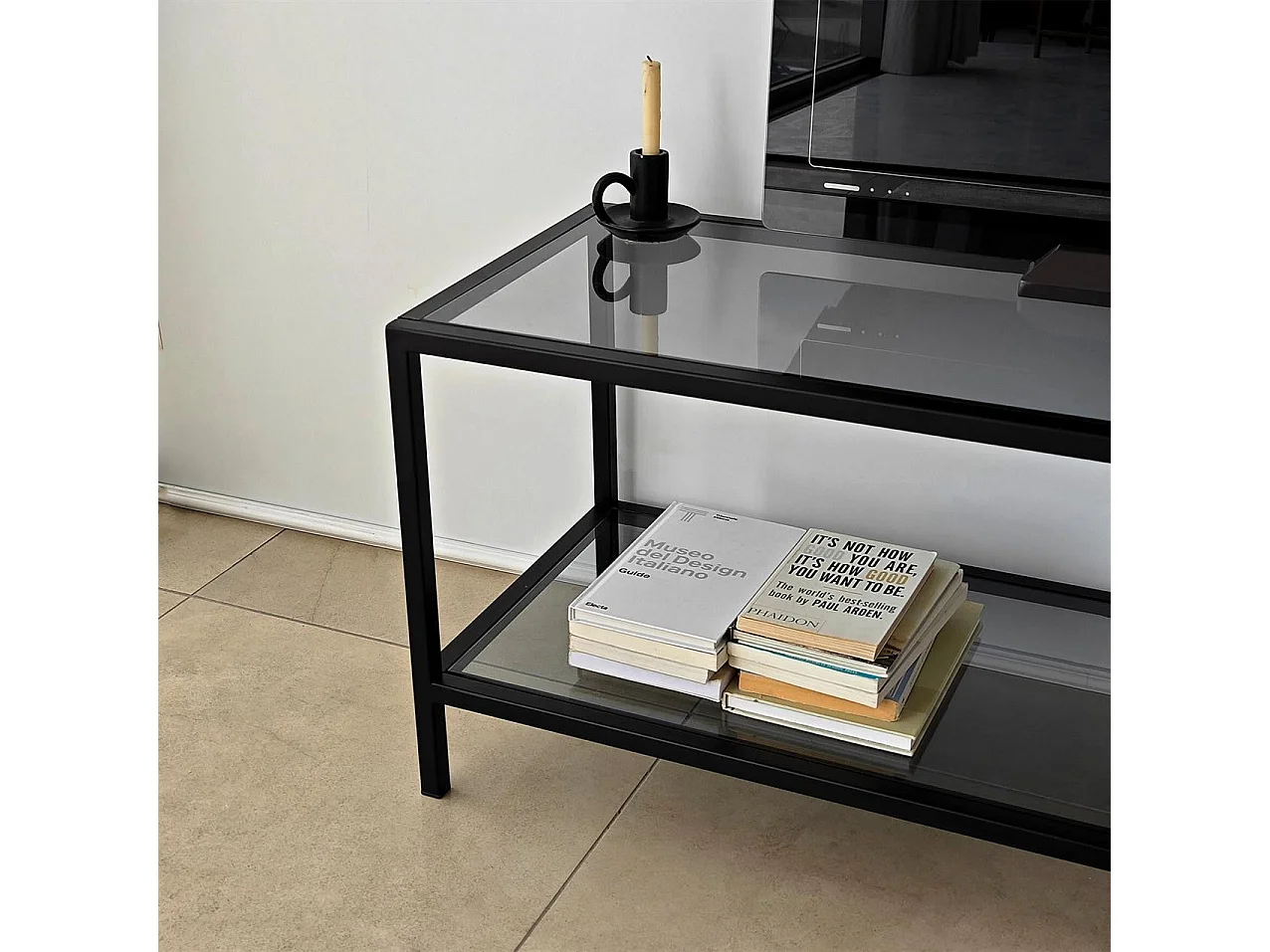 Stilvoller TV-Ständer, 130 cm, Dunkelgrau und Schwarz | 100 % gehärtetes Glas und Metallrahmen | Zerlegt für einfache Montage | Perfekt für moderne Wohnzimmer