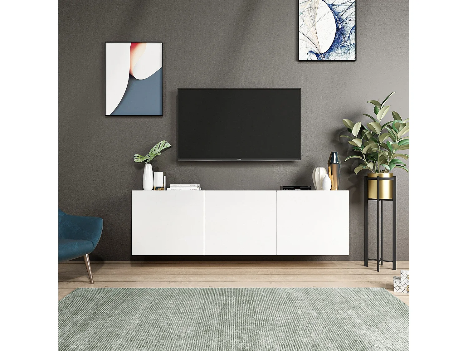 Meuble TV moderne – 150 cm – Blanc – Panneau de particules mélaminé